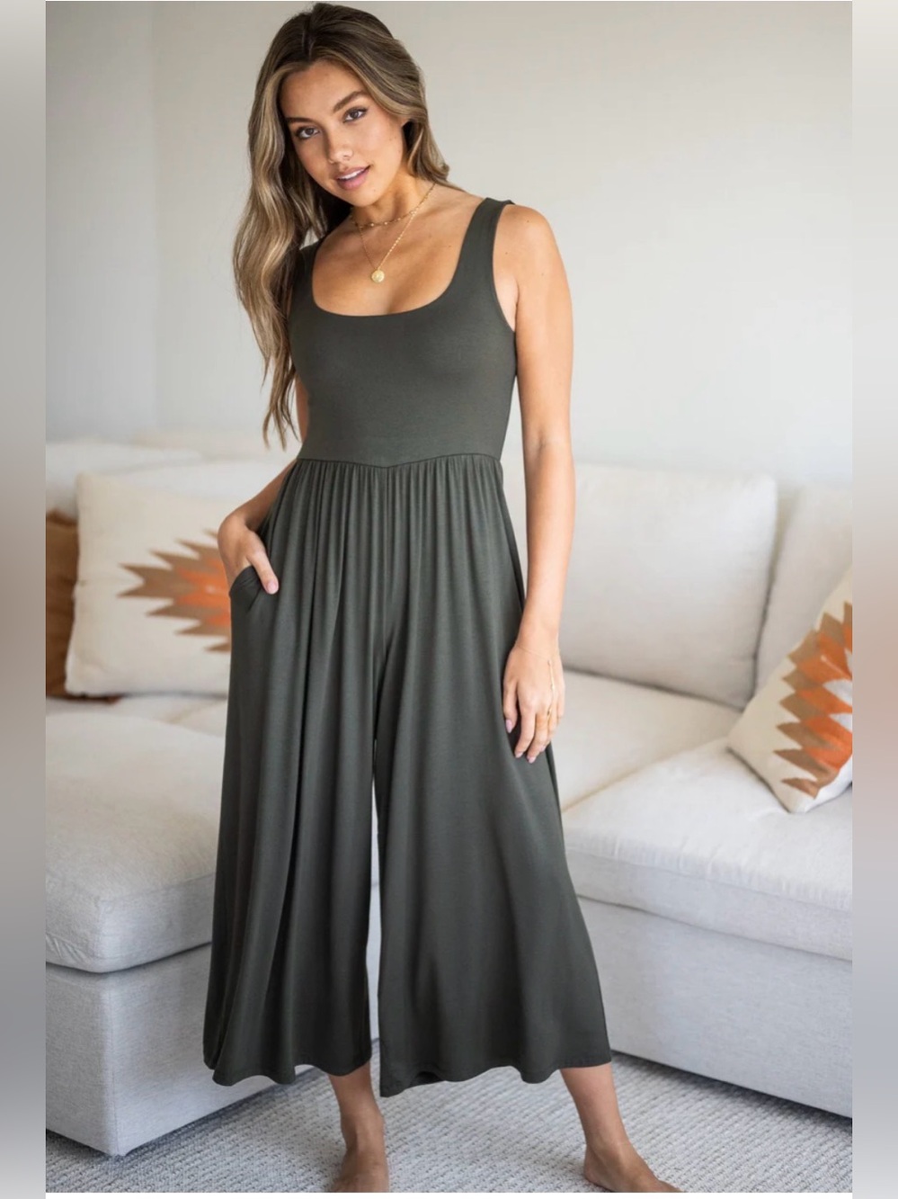 NWOT Sozy Chanel Forst Green Bamboo Wide Leg Cropped Jumpsuit Size M